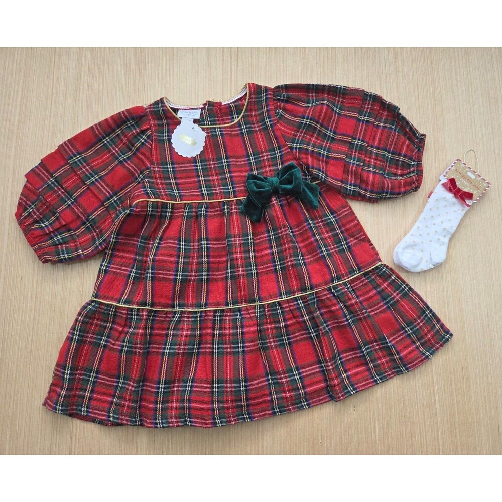 Mud Pie Infant Girls Tartan Plaid Tiered Dress 24M/2T Dress W/ Matching Socks